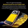 A cutaway view of a smartphone showing its large battery, with promotional text about its battery life. Produktbild-Vorschau