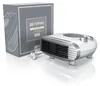 A white and silver fan heater is shown next to its packaging box. Produktbild-Vorschau
