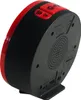 A close-up view of the back and side of a black and red alarm clock. Voir les images du produit