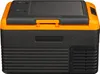 A black and orange portable cooler/refrigerator with a logo on the front. Produktbild-Vorschau