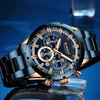A close-up studio shot of a men's chronograph watch with a blue dial and gold accents, set against a blue background with reflective elements. Produktbild-Vorschau