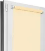 A close-up view of a light yellow roller blind installed on a white window frame. Produktbild-Vorschau