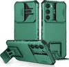 Multiple views of a green smartphone case with a sliding camera cover and kickstand. Produktbild-Vorschau