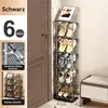 A shoe rack placed next to a door with shoes and slippers on it. A pamphlet is on the top shelf. There are also inset images showing product features and dimensions. Produktbild-Vorschau