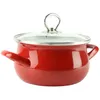 A red pot with a glass lid and silver handles, isolated on a white background. Produktbild-Vorschau