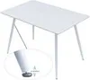 A white dining table with a wood grain texture on a white background, with a close-up inset showing the adjustable foot of one of the legs. Produktbild-Vorschau