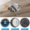 A robotic vacuum cleaner is shown cleaning a couch, with close-ups of its cleaning pads below. Produktbild-Vorschau