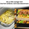 A split image showing french fries being deep-fried on the left and grilled meat and fried chicken in an air fryer on the right, with text overlay. Produktbild-Vorschau