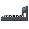 A side view of a modern bed frame with a checkered mattress base and a lit headboard. Produktbild-Vorschau