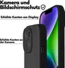 Close-up view of a black phone case, highlighting its protective features for the camera and screen. Produktbild-Vorschau