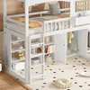 A white loft bed with storage and a wardrobe, set up in a room with a patterned rug. Produktbild-Vorschau