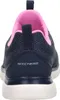 Rear view of a navy blue Skechers sneaker with pink accents. Náhled obrázku produktu