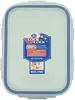 A clear plastic food storage container with a blue lid and a label featuring a baby and product information. Produktbild-Vorschau