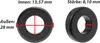 Two views of a black toroidal ferrite core, with measurements indicated by red lines and text. Produktbild-Vorschau