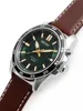 A close-up, angled shot of a Seiko watch with a green dial and a brown leather strap, set against a white background. Anteprima dell’immagine prodotto