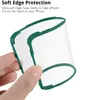 A hand is holding a clear phone case with green edges, demonstrating its flexibility. Produktbild-Vorschau