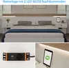 A collage of images showing a bed frame with integrated nightstands, a power strip with USB ports, and a tablet charging on a nightstand. Produktbild-Vorschau