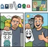 A comic strip showing the frustration of finding the right vacuum cleaner bag and the joy of finding a compatible one. Produktbild-Vorschau