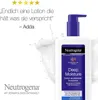 A Neutrogena Deep Moisture Body Lotion bottle with a pump dispenser, set against a white background with a splash of milk. Voir les images du produit