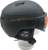 A black ski helmet with an orange visor is displayed on a white stand against a white background. Voir les images du produit