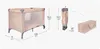 A travel crib is shown in its assembled state, with dimensions indicated. It is also shown folded and in its carrying bag, with dimensions indicated. Náhled obrázku produktu