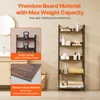 A bathroom shelf unit with various items on display, next to a sink and vanity. Insets highlight the shelf material and weight capacity. Podgląd zdjęcia produktu