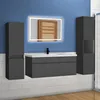 A modern bathroom vanity with two tall cabinets and a wall-mounted sink and cabinet. Produktbild-Vorschau