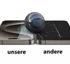 Two smartphones side-by-side, one with a pristine screen and the other with a cracked screen, with a reflective sphere placed on top. Produktbild-Vorschau