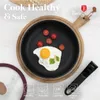 A frying pan with a fried egg and cherry tomatoes, with marketing text and icons. Náhľad obrázku produktu