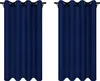 Two dark blue curtains hanging on a rod against a white background. Produktbild-Vorschau