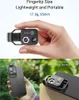A hand holding a phone with a microscope lens attached, and another image showing the lens attached to a phone. Produktbild-Vorschau