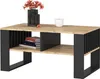 A coffee table with a wood-look top and black metal frame, decorated with a vase of flowers, a smaller vase, and a candle. Produktbild-Vorschau