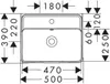 A top-down technical drawing of a sink with dimensions indicated. Produktbild-Vorschau
