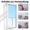 A window with a white fabric seal attached, and three inset images showing how to apply the seal. Produktbild-Vorschau