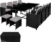 A rattan outdoor dining set with a black glass-topped table and black chairs with gray cushions, along with a black cover for the set. Náhled obrázku produktu