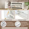 A collage of images showing a white and gold shoe cabinet with various details and dimensions. Produktbild-Vorschau