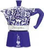 A Bialetti Moka pot coffee maker with a blue and white decorative pattern. Anteprima dell’immagine prodotto
