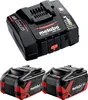 A Metabo charger and two battery packs are displayed against a white background. Voir les images du produit