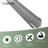 A roll of black mesh gutter guard is shown diagonally against a white background, with a green overlay at the bottom featuring icons and text describing product features. Produktbild-Vorschau