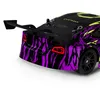Close-up rear view of a remote-controlled car with a purple and black tiger stripe pattern. Voir les images du produit