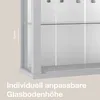 A close-up view of a modern, minimalist display cabinet with glass shelves and doors, highlighting adjustable shelf height. Produktbild-Vorschau