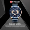 A close-up studio shot of a men's wristwatch against a dark, abstract background with marketing text. Produktbild-Vorschau