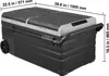 A black and gray portable cooler with dimensions indicated by measurement lines and text. Produktbild-Vorschau