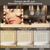A makeup mirror with LED lights is shown with different lighting options and a woman applying makeup. Produktbild-Vorschau