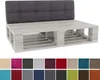 A pallet sofa with a dark gray tufted backrest cushion, shown with a selection of fabric color swatches below. Náhled obrázku produktu