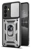 A phone case with a camera cover and a ring holder is shown, with a phone partially visible behind it. Produktbild-Vorschau