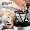 A hand is placing a permanent coffee filter into a coffee machine, with two people holding coffee cups in the background. Produktbild-Vorschau