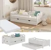 A collage of images showing a white children's bed with drawers and a pull-out trundle, along with a mattress. Anteprima dell’immagine prodotto