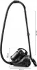A side view of a black and gray bagless cylinder vacuum cleaner with dimensions indicated by lines and text. Podgląd zdjęcia produktu