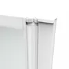 A close-up view of the corner of a white shower enclosure, showing the interlocking mechanism of the folding panels. Produktbild-Vorschau